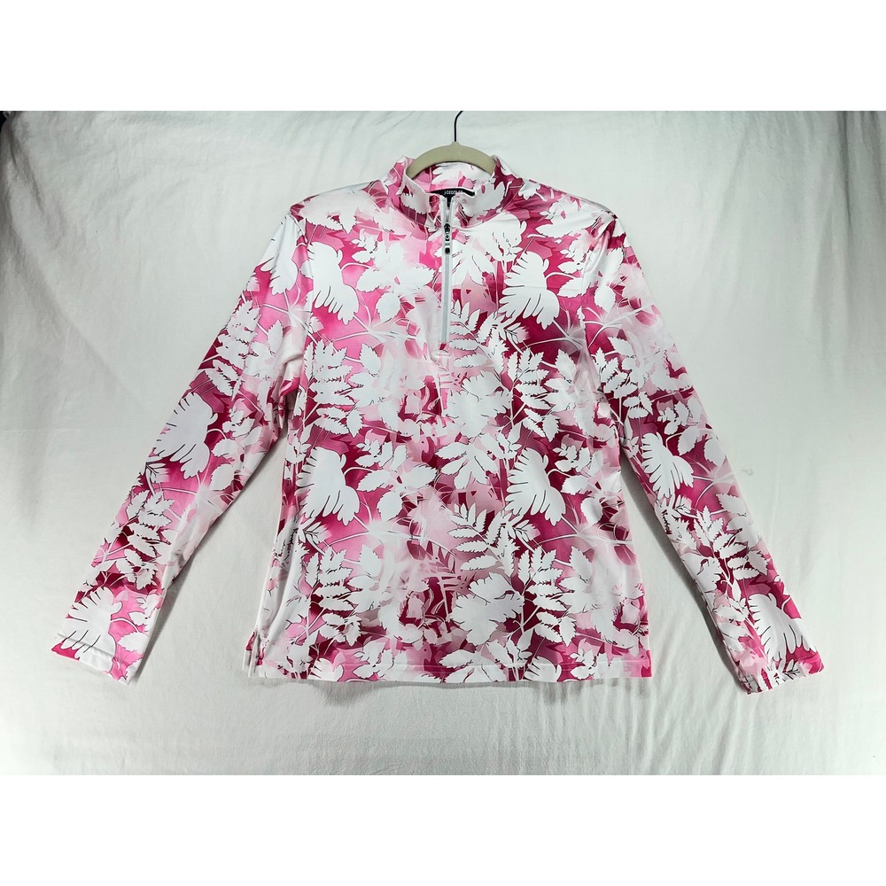 CEGOLFS Womens Pink White Tropical Leaf Print Quarter Zip Pullover Top Medium